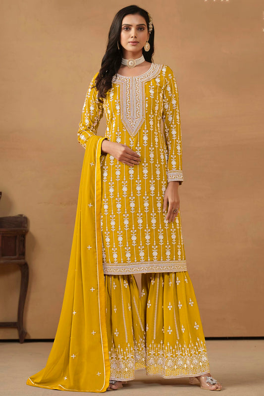 Yellow Colour Semi Stitched Faux Georgette Sharara Suit