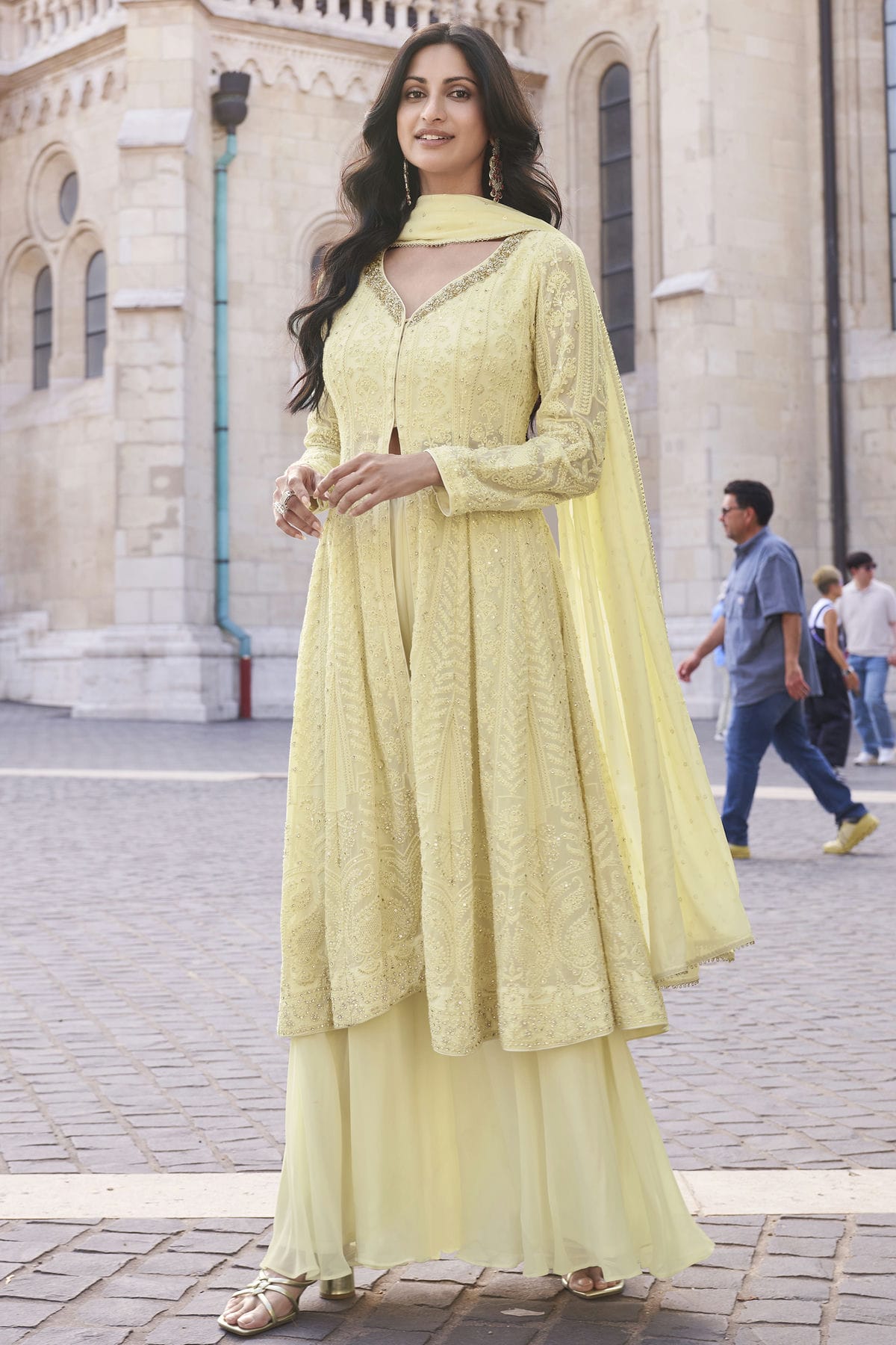 Yellow Colour Semi Stitched Georgette Palazzo Pant Suit