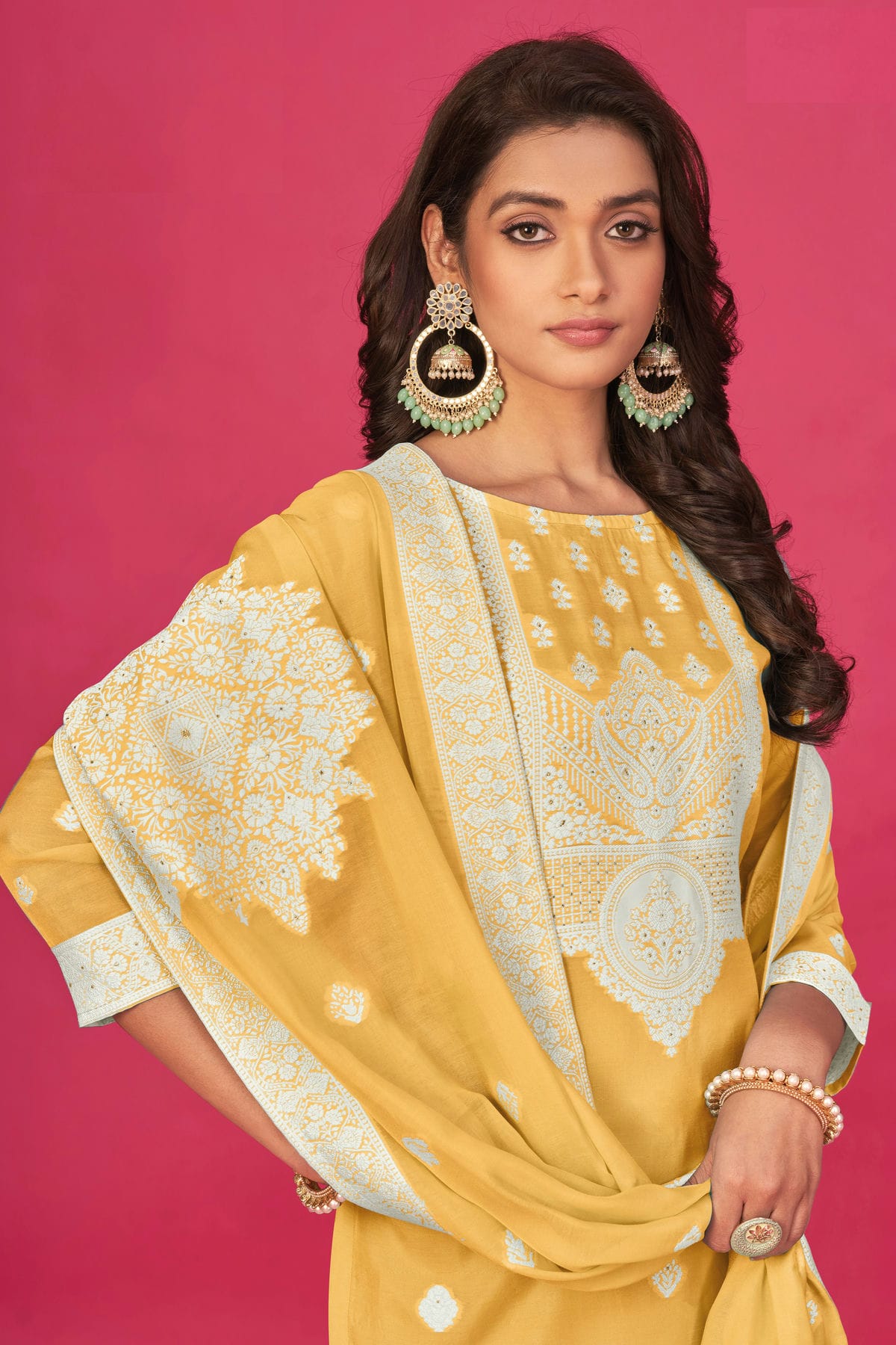 Yellow Colour Semi Stitched Jacquard Straight Suit