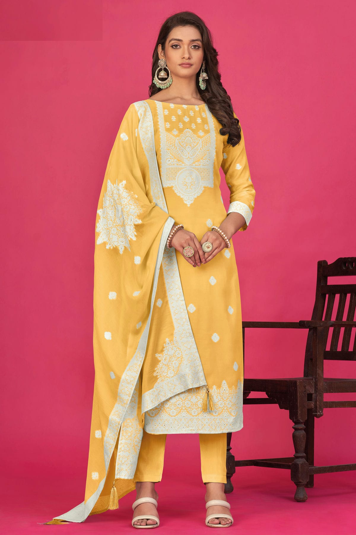 Yellow Colour Semi Stitched Jacquard Straight Suit