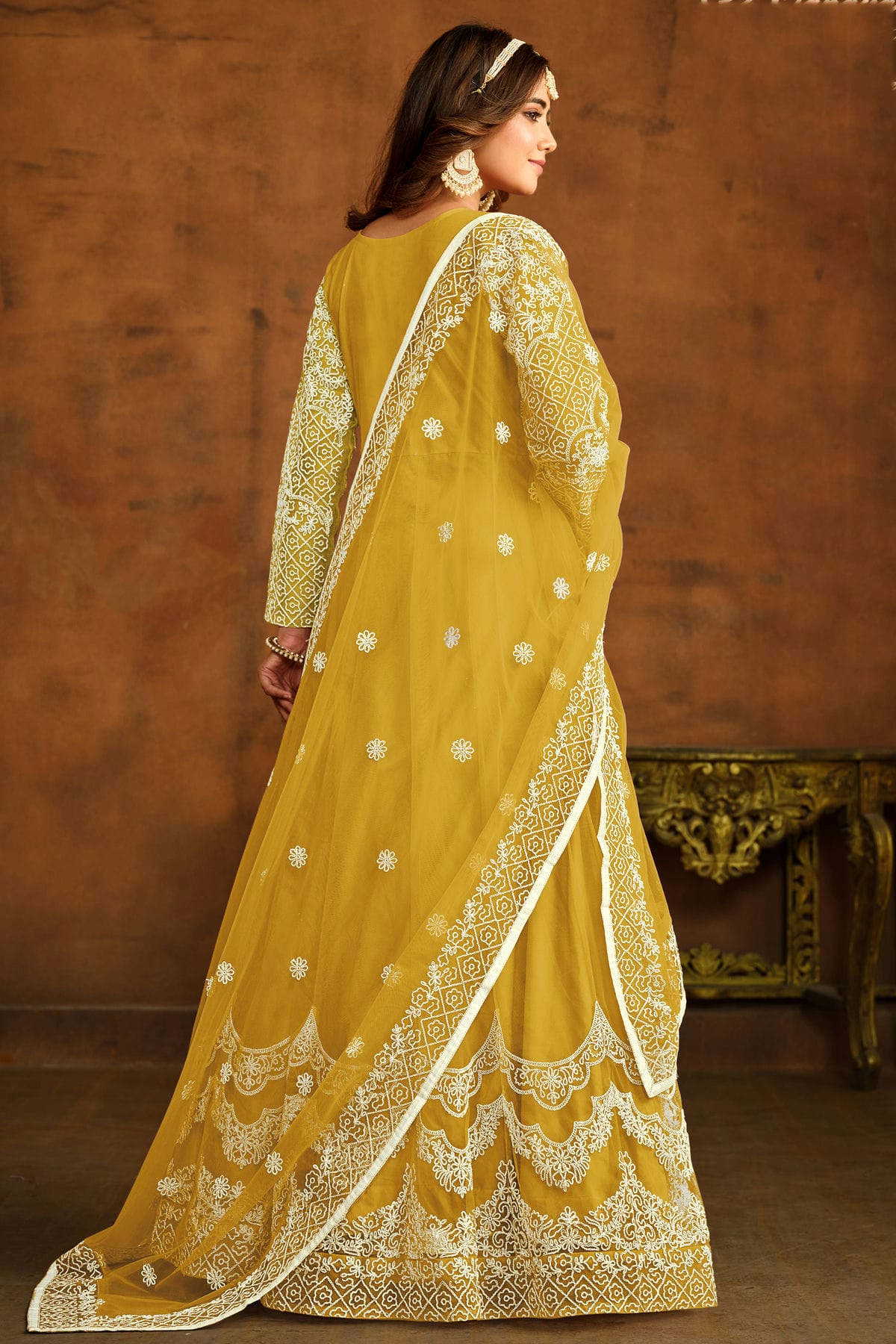 Yellow Colour Semi Stitched Net Anarkali Suit