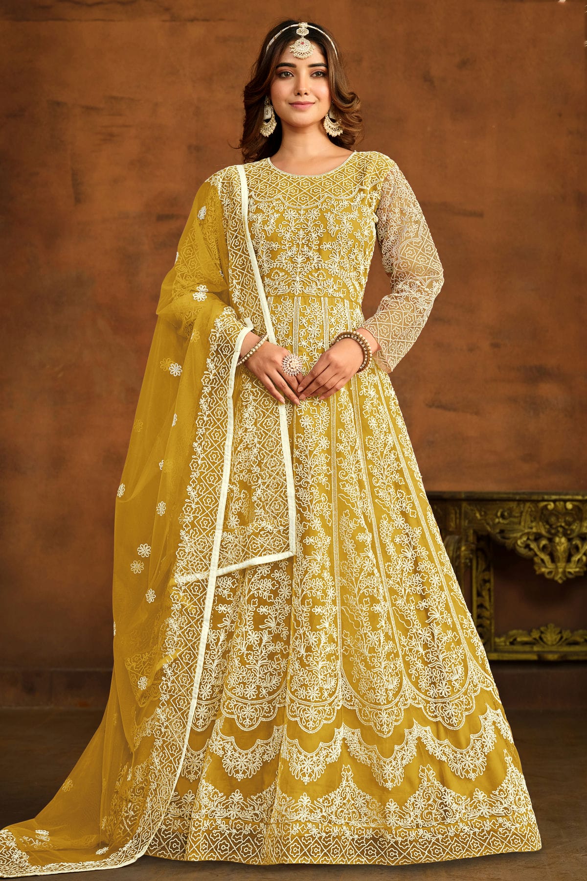 Yellow Colour Semi Stitched Net Anarkali Suit