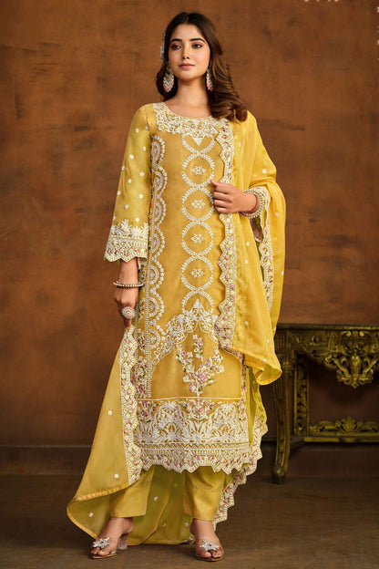 Yellow Colour Semi Stitched Organza Pant Style Suit