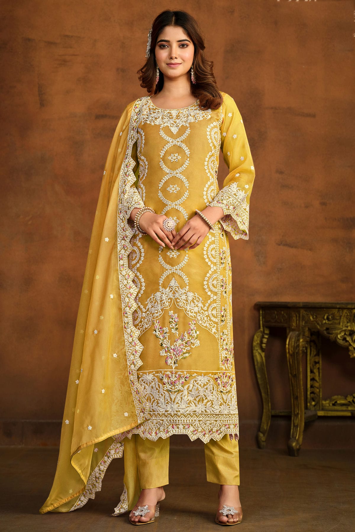 Yellow Colour Semi Stitched Organza Pant Style Suit