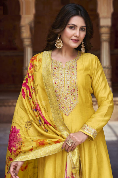 Yellow Colour Semi Stitched Silk Anarkali Suit