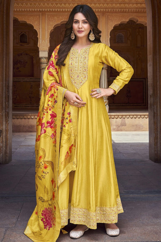 Yellow Colour Semi Stitched Silk Anarkali Suit