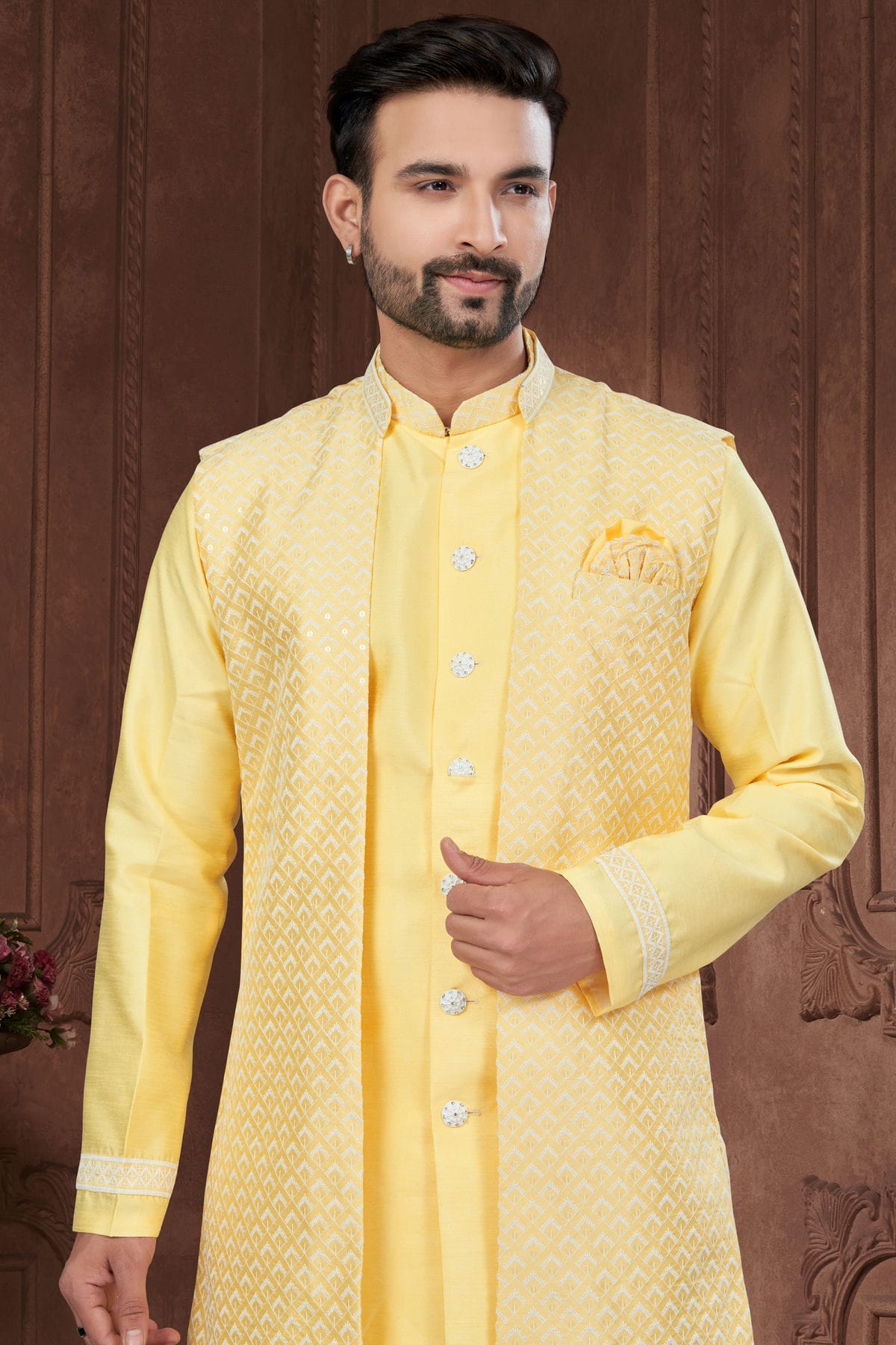 Yellow Colour Silk Dupion Sherwani VSSH1040587