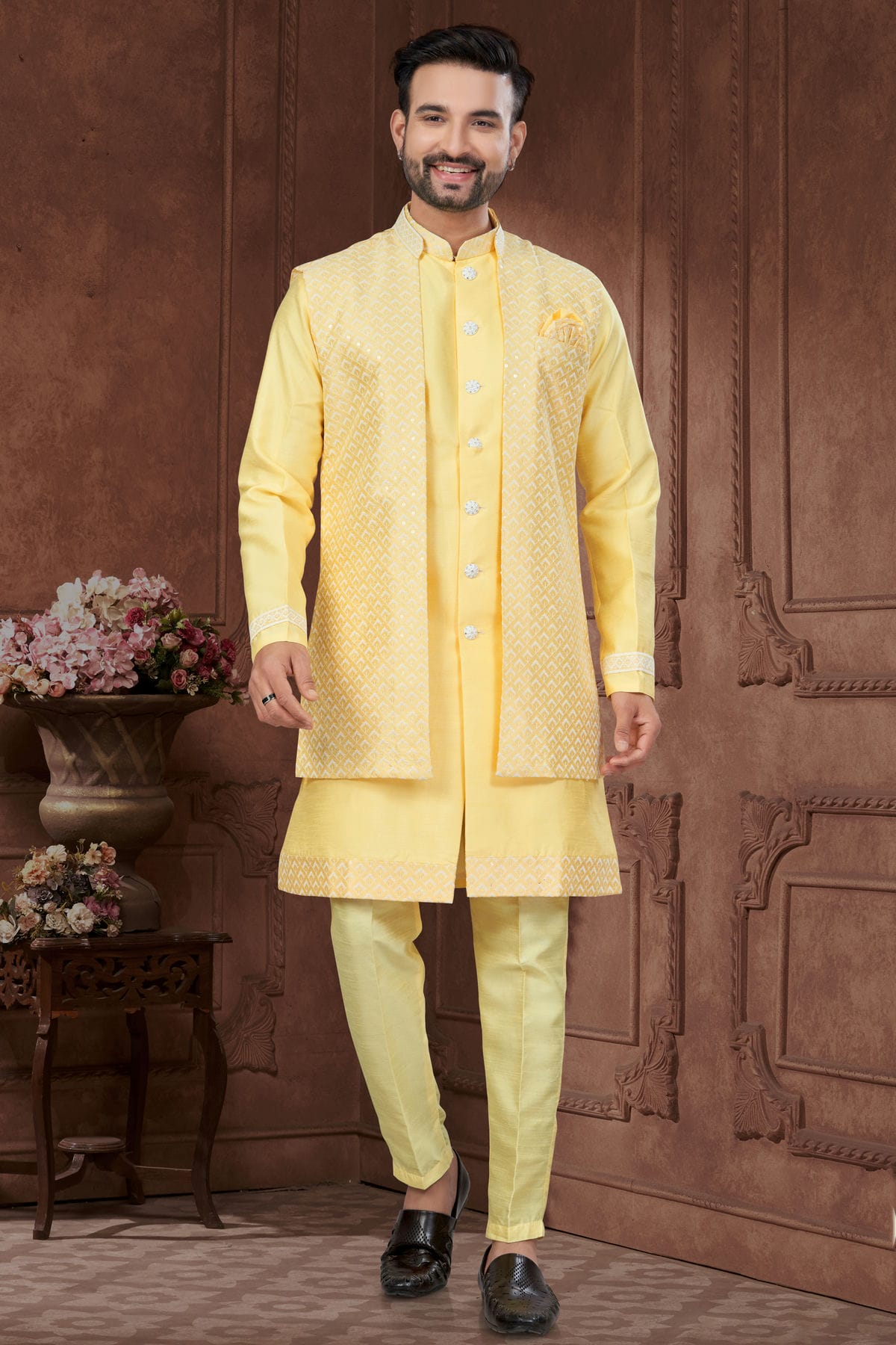 Yellow Colour Silk Dupion Sherwani