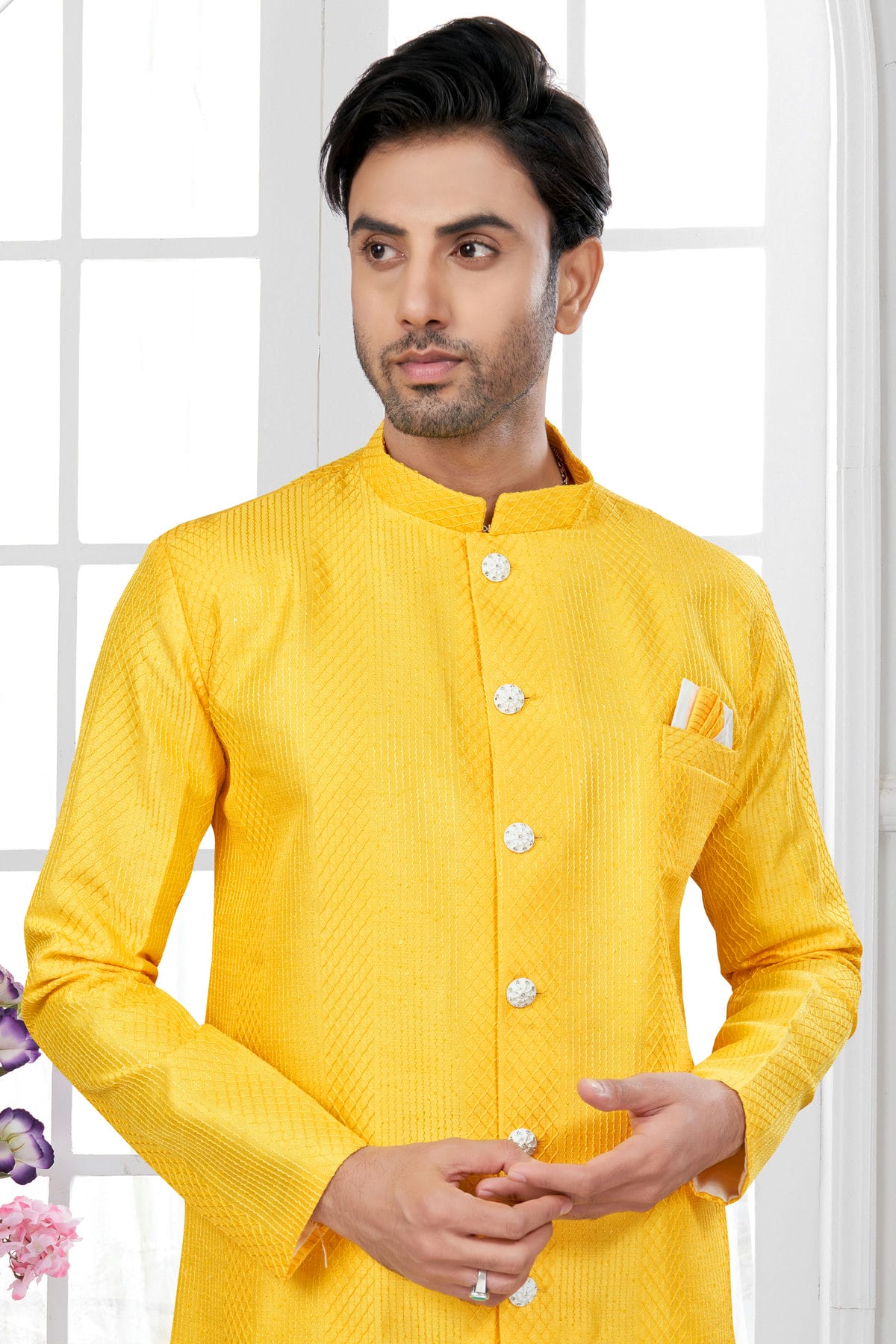 Yellow Colour Silk Dupion Sherwani VSSH1040604