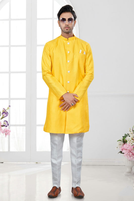 Yellow Colour Silk Dupion Sherwani