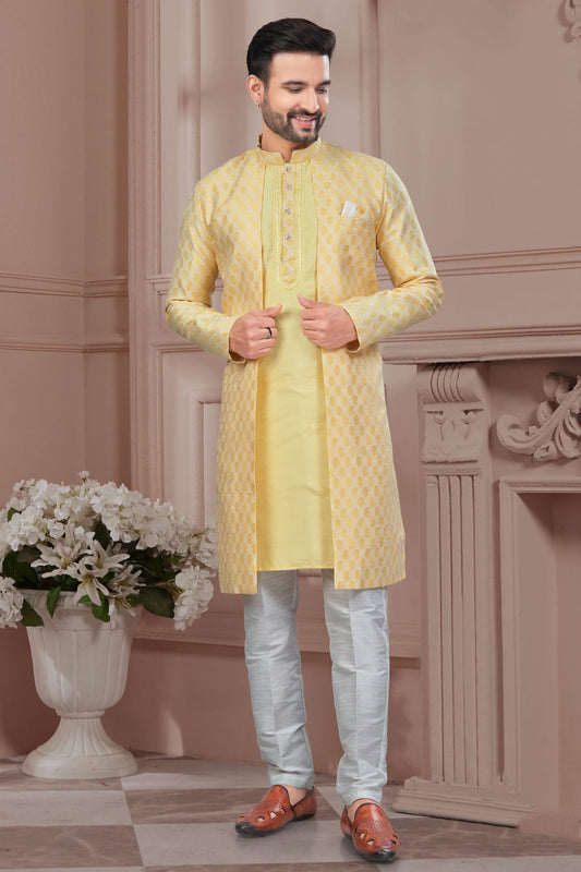 Yellow Colour Silk Dupion Sherwani