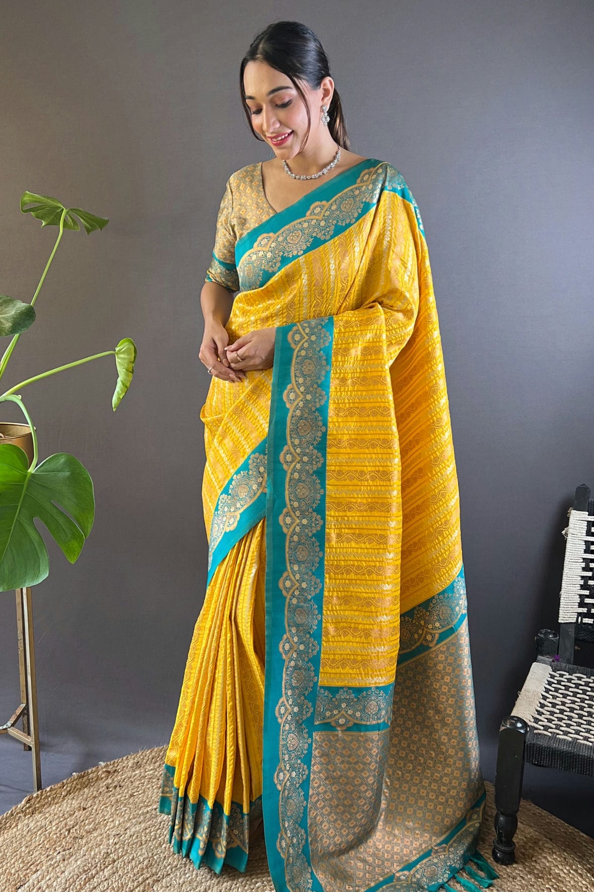 Yellow Colour Silk Woven Work Saree