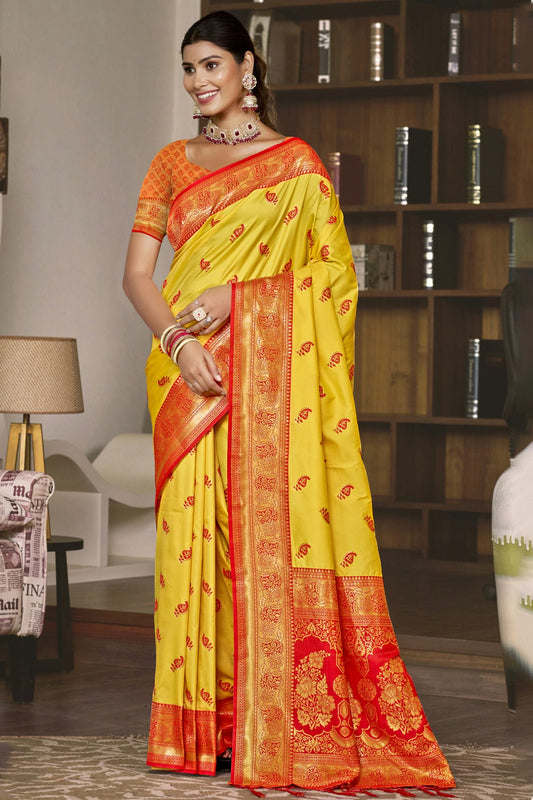 Yellow Colour Silk Woven Work Traditional Saree