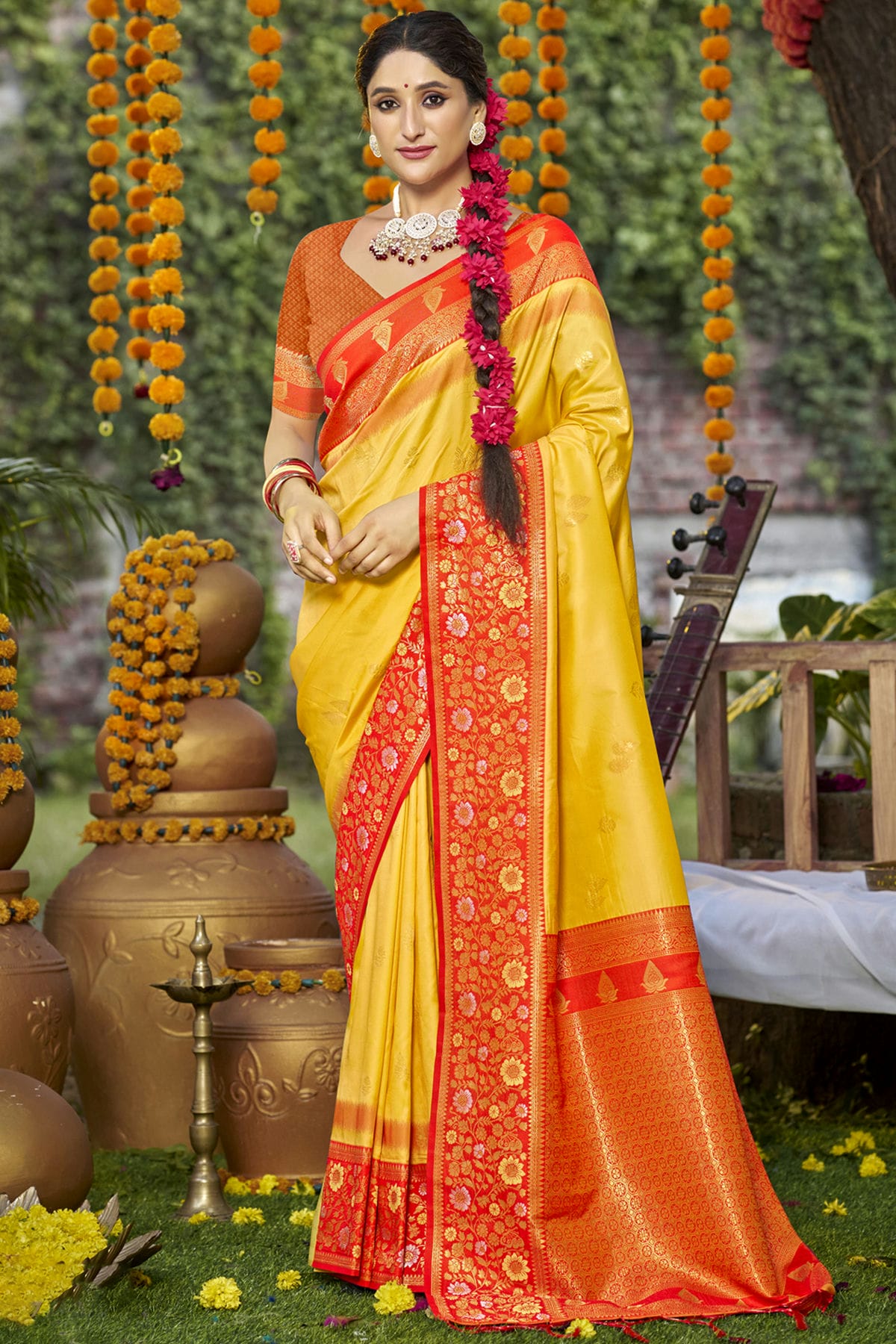 Yellow Colour Silk Woven Work Traditional Saree