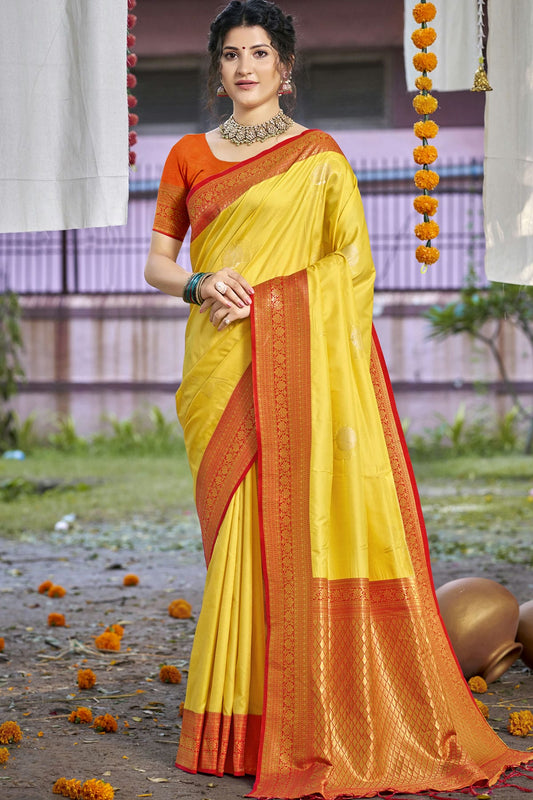 Yellow Colour Silk Woven Work Traditional Saree