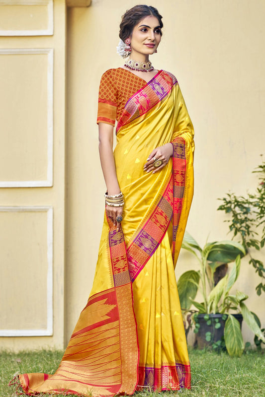 Yellow Colour Silk Woven Work Traditional Saree