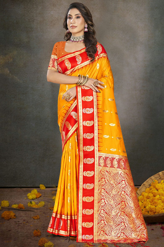 Yellow Colour Silk Woven Work Traditional Saree