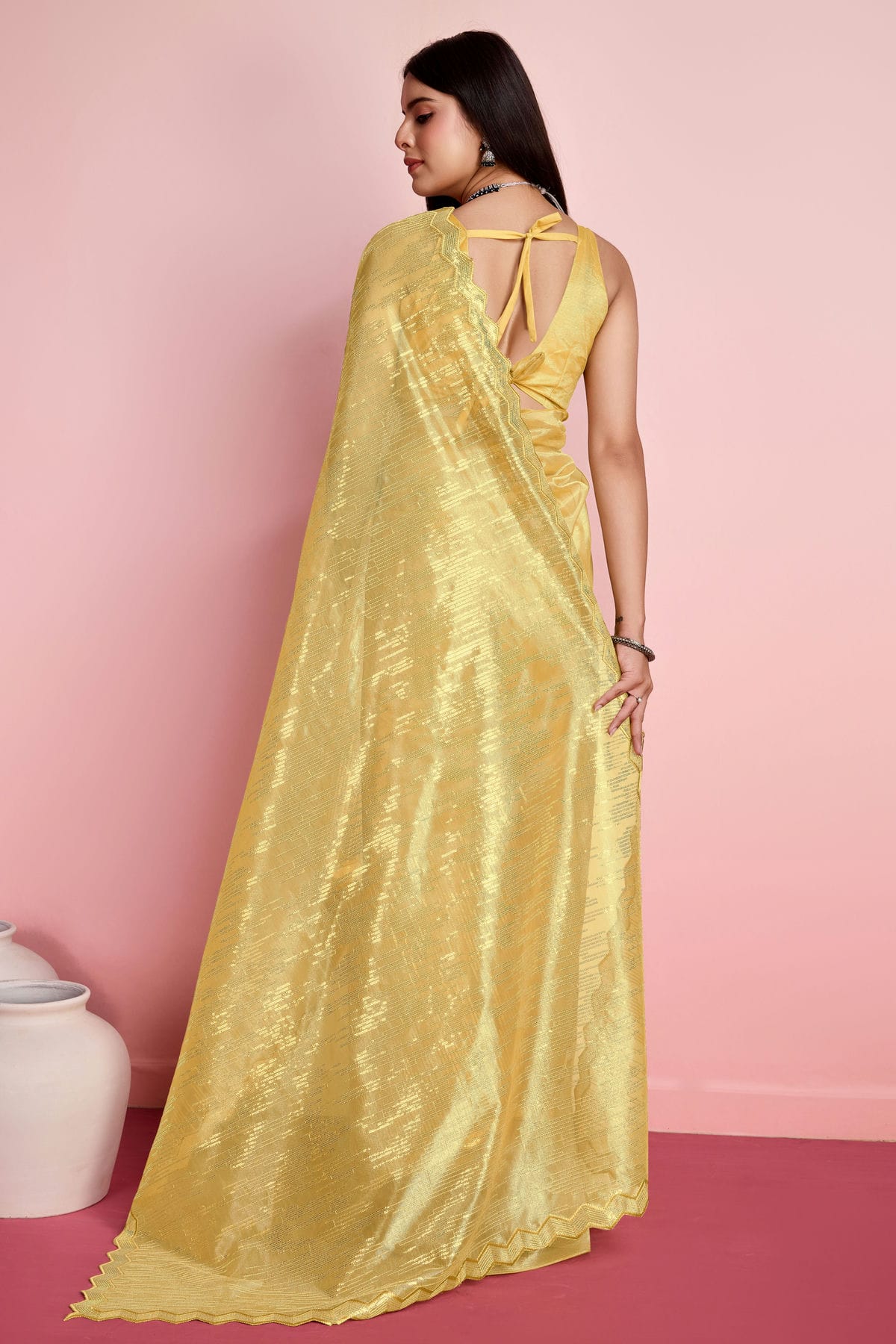 Yellow Colour Silver Twill Net Saree