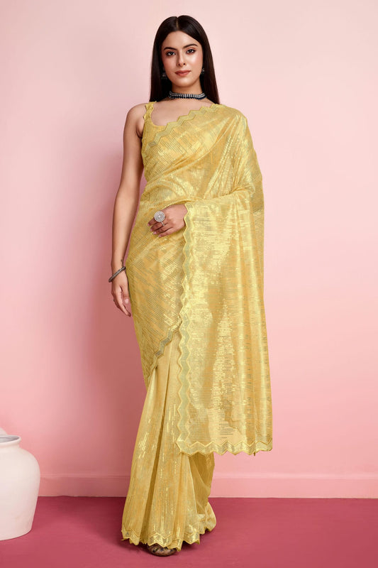 Yellow Colour Silver Twill Net Saree