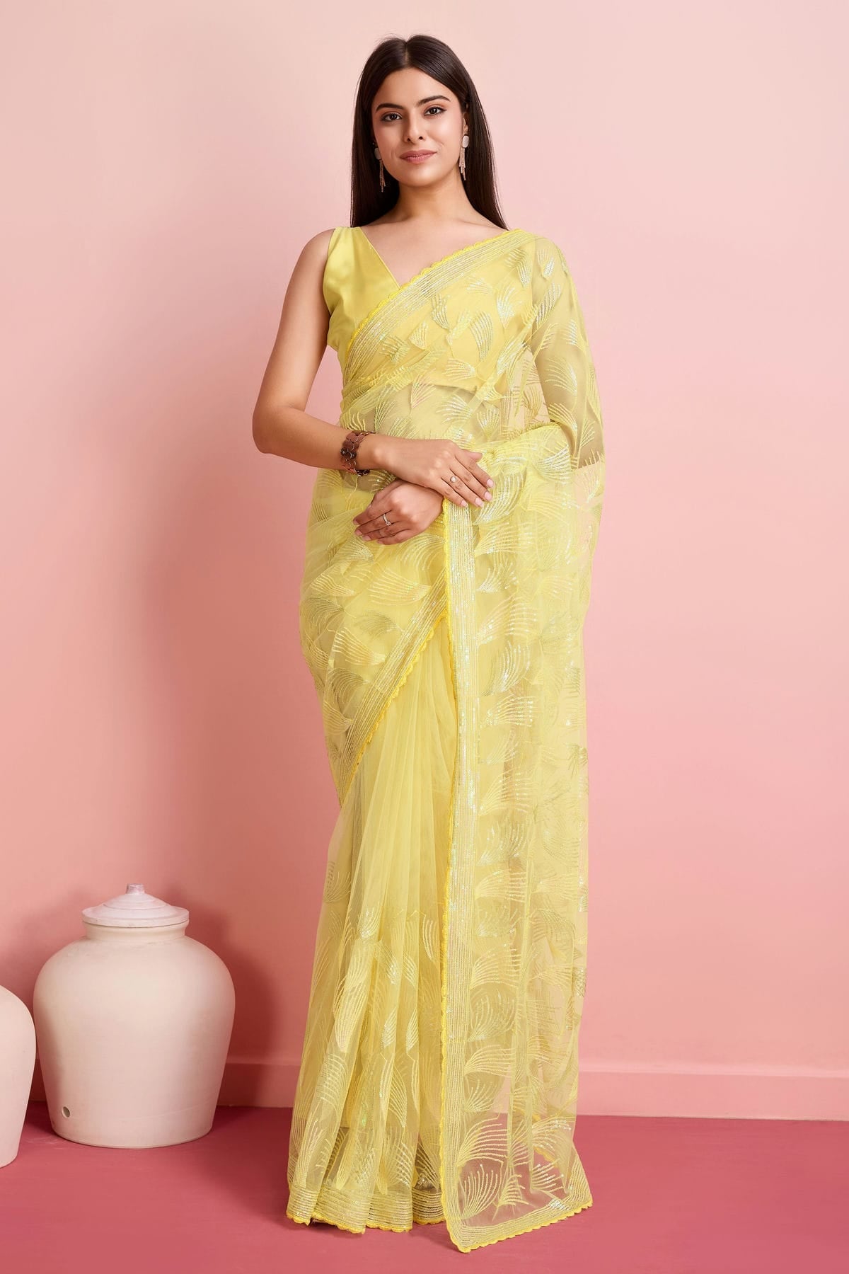 Yellow Colour Soft Net Saree