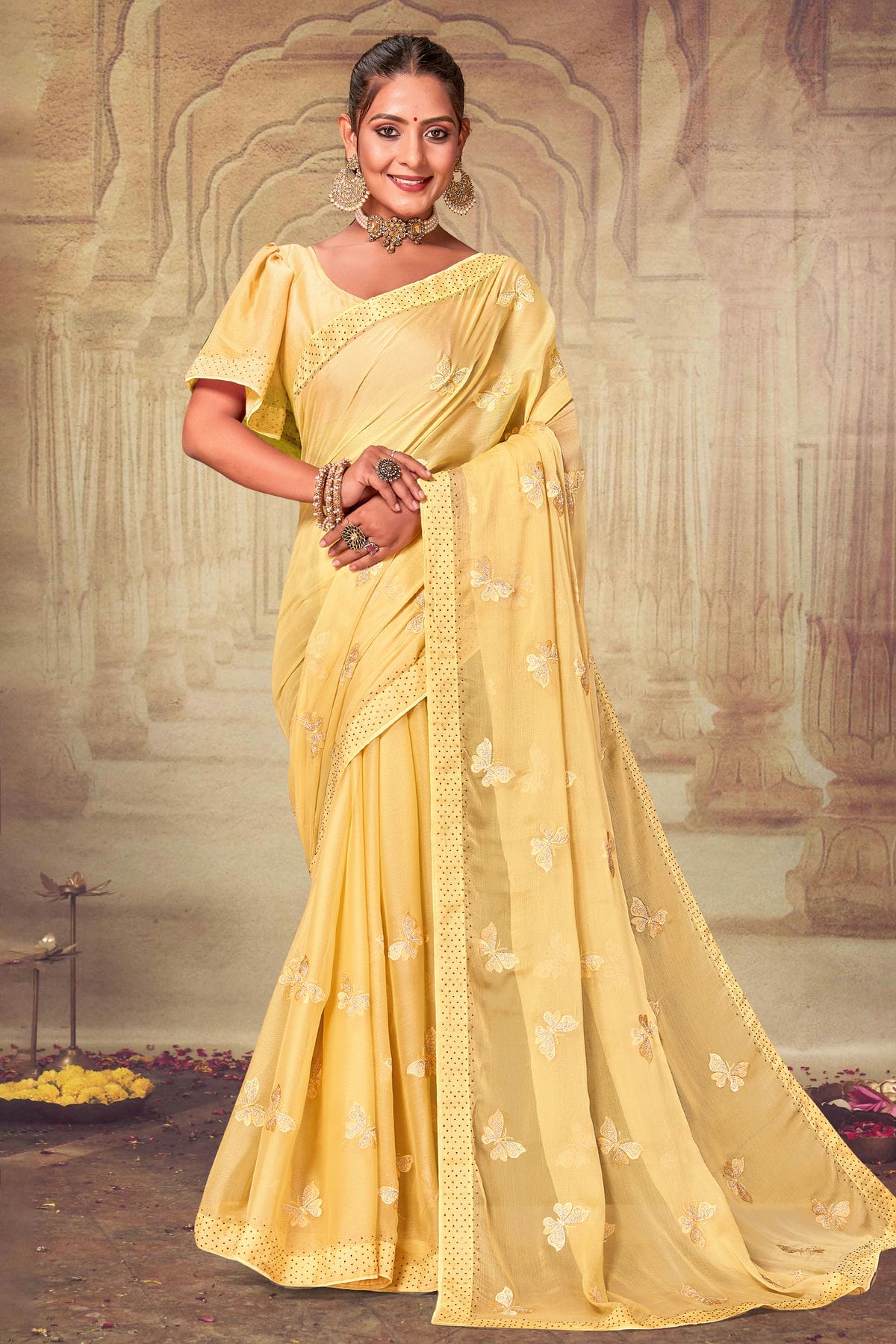 Yellow Colour Soft Silk Chiffon Designer Saree