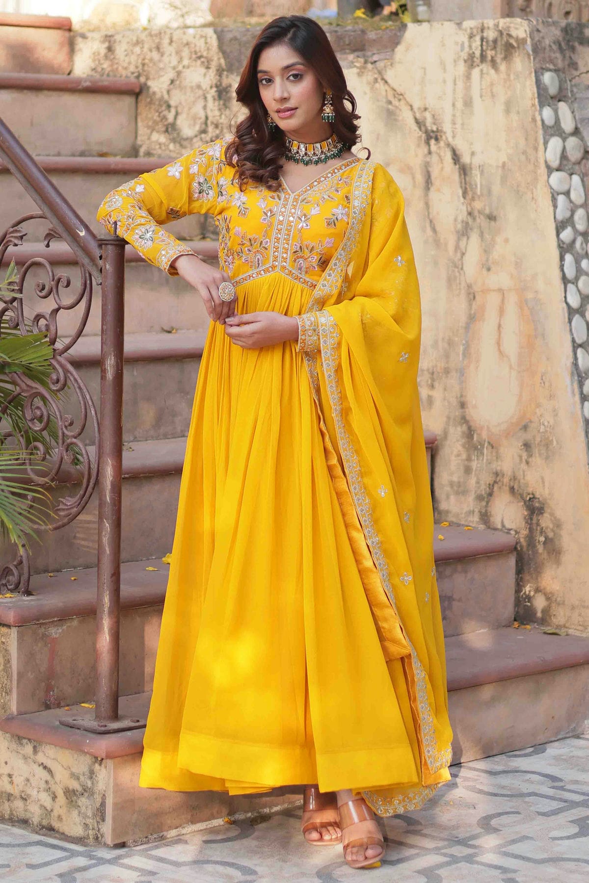 Yellow Colour Stitched Faux Georgette Gown VSGW1112809