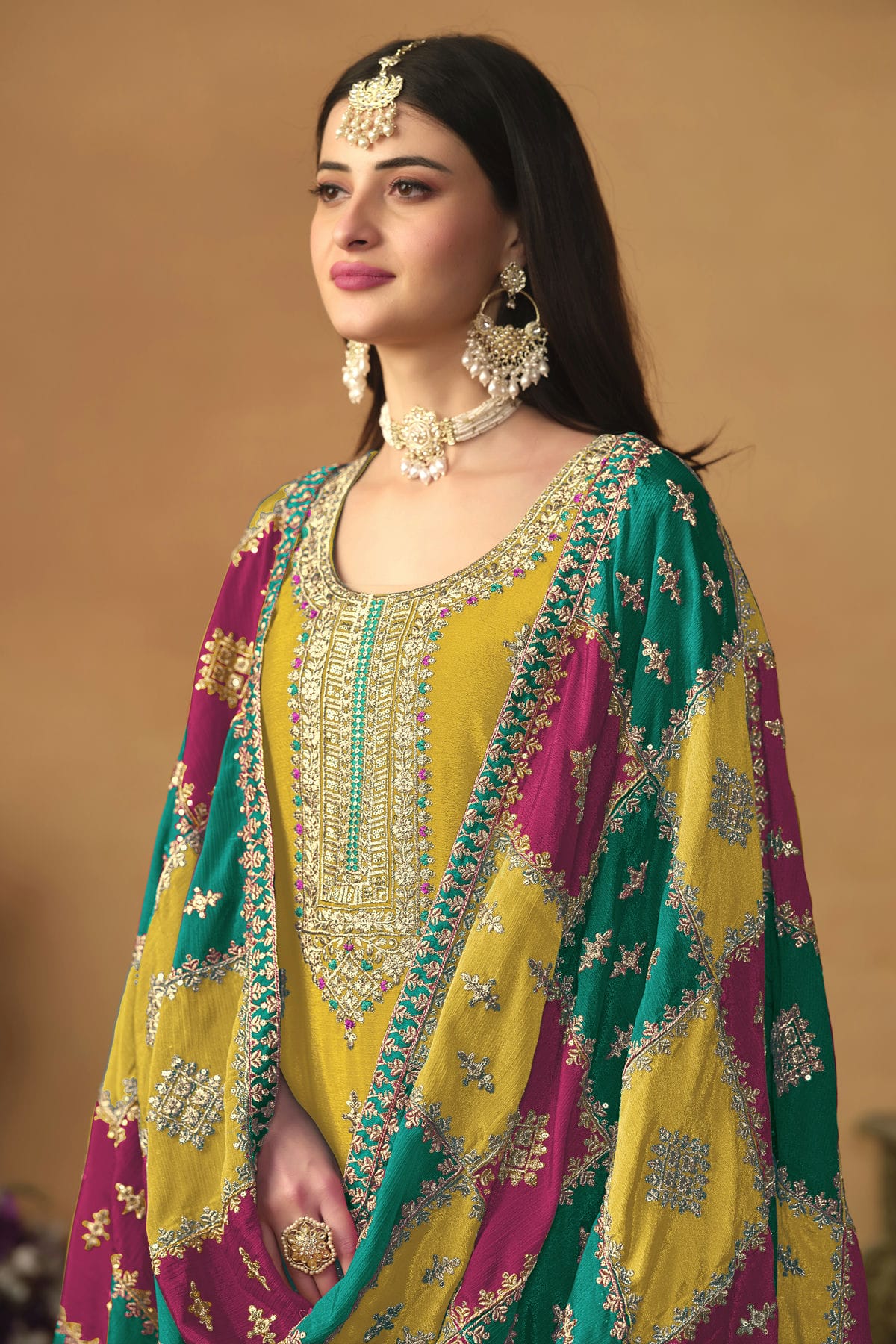 Yellow Colour Straight Suit Chinon Silk Semi Stitched