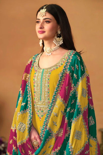 Yellow Colour Straight Suit Chinon Silk Semi Stitched