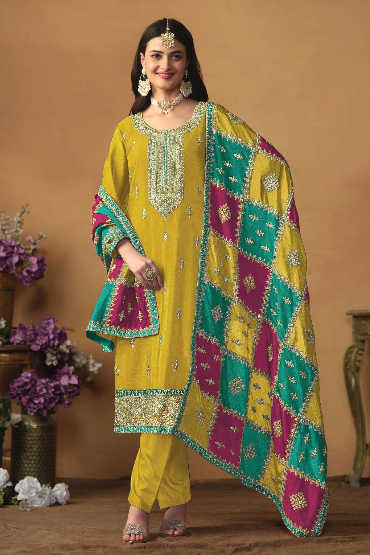 Yellow Colour Straight Suit Chinon Silk Semi Stitched