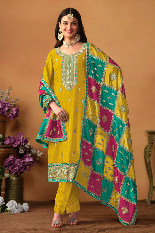 Yellow Colour Straight Suit Chinon Silk Semi Stitched