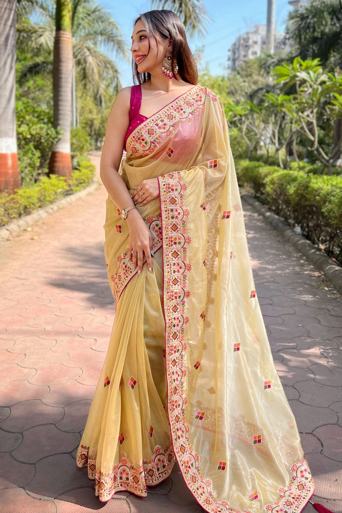 Yellow Colour Tissue Silk Designer Saree