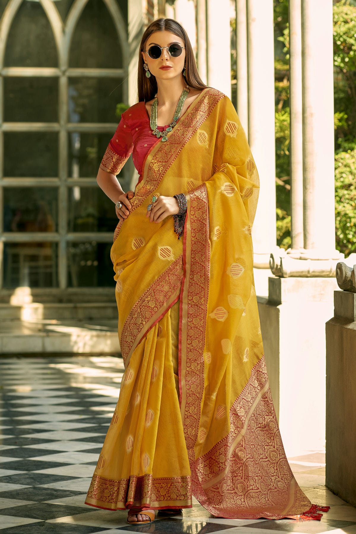 Yellow Colour Tissue Silk Saree