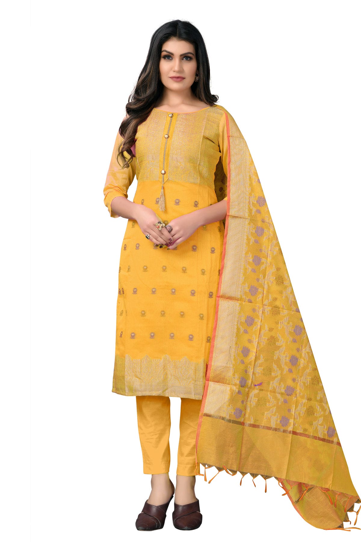 Yellow Colour Unstitched Banarasi Jacquard Fabric Straight Suit