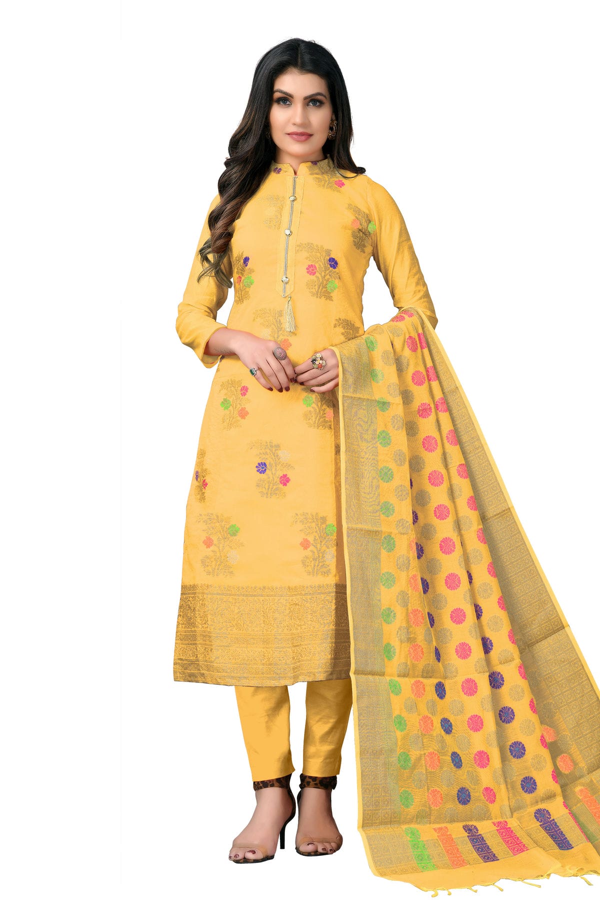 Yellow Colour Unstitched Banarasi Jacquard Fabric Straight Suit