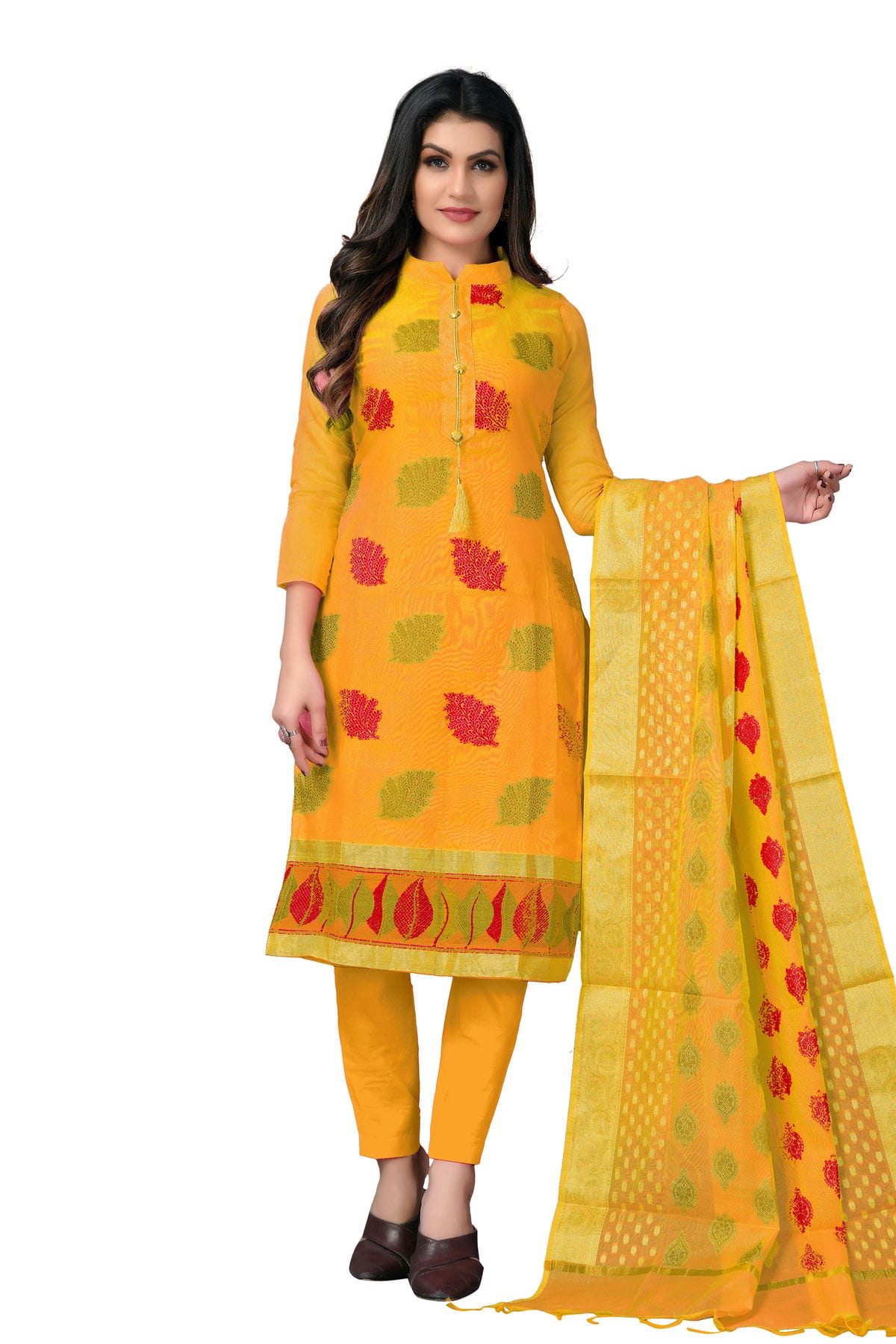 Yellow Colour Unstitched Banarasi Jacquard Fabric Straight Suit