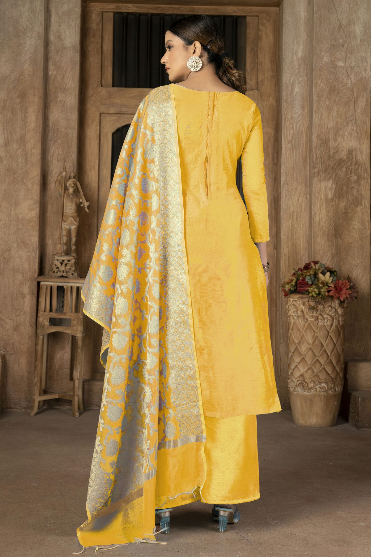 Yellow Colour Unstitched Banarasi Jacquard Palazoo Pant Suit