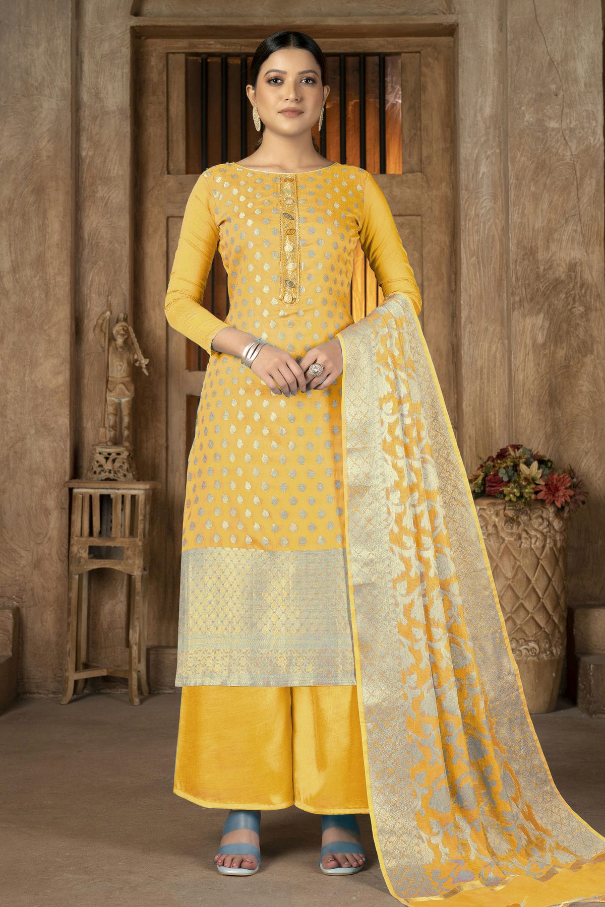 Yellow Colour Unstitched Banarasi Jacquard Palazoo Pant Suit