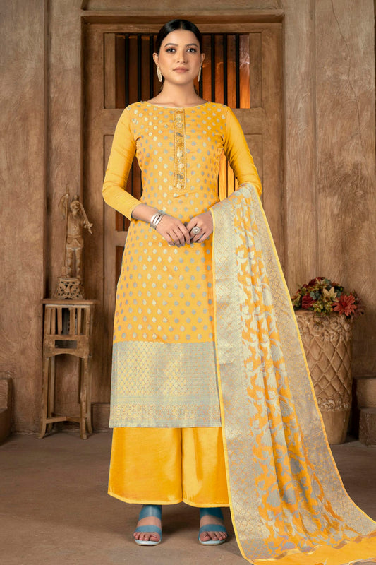 Yellow Colour Unstitched Banarasi Jacquard Palazoo Pant Suit