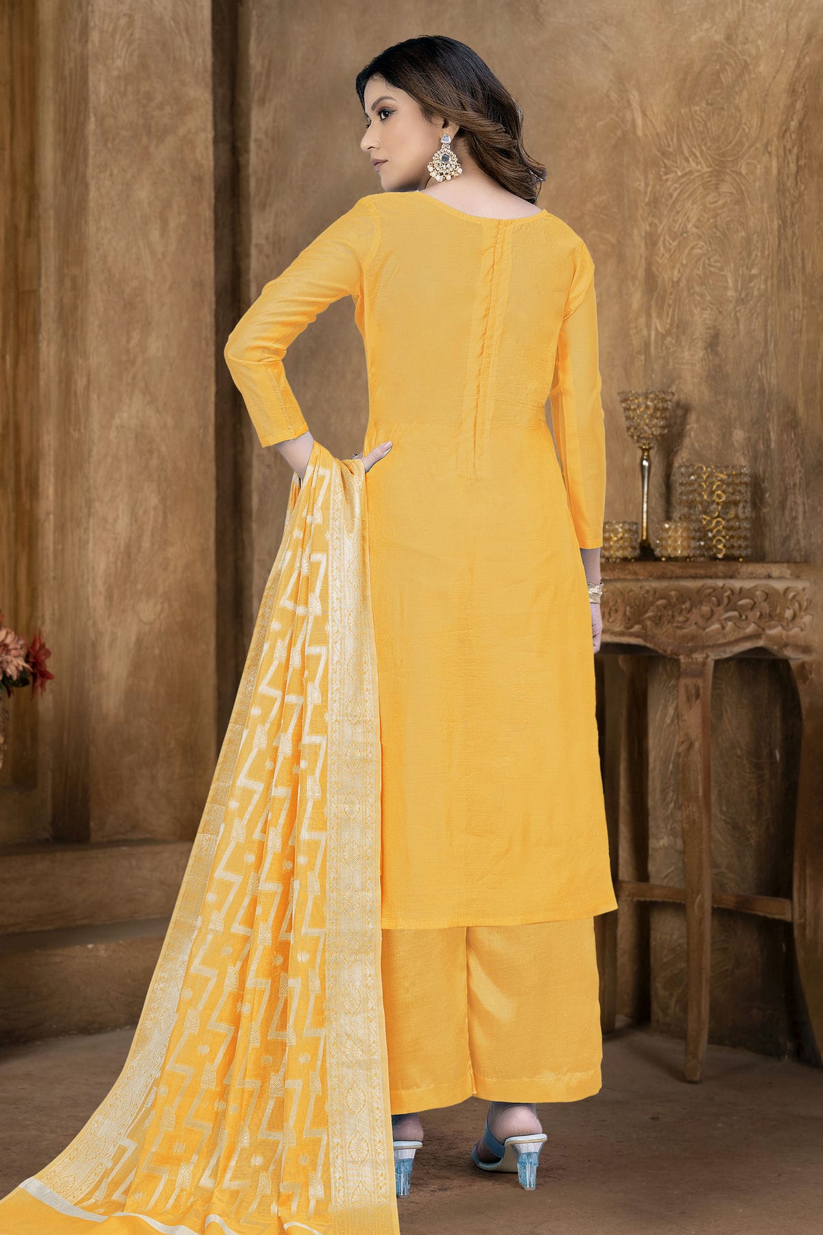 Yellow Colour Unstitched Banarasi Jacquard Palazoo Pant Suit