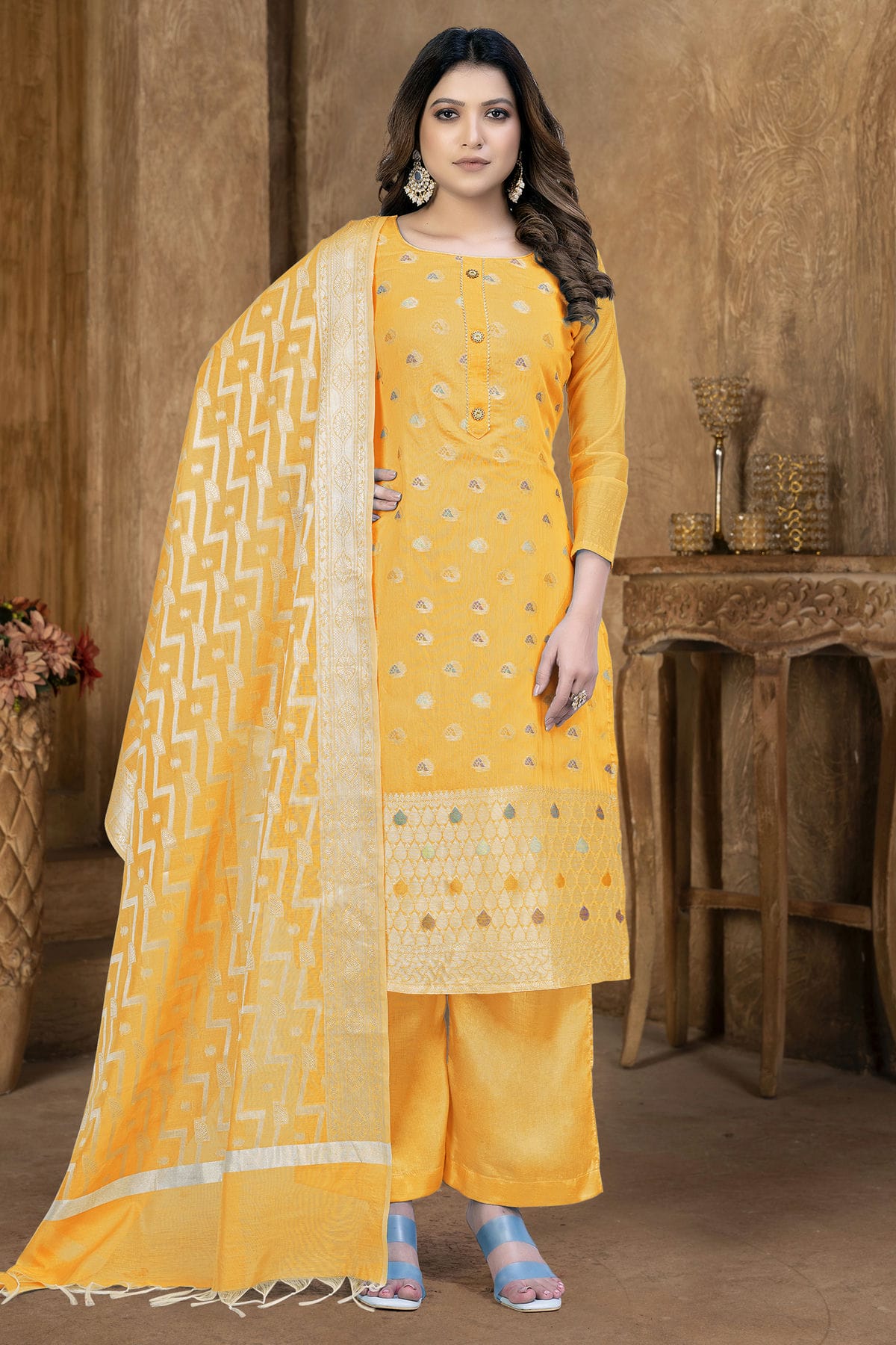 Yellow Colour Unstitched Banarasi Jacquard Palazoo Pant Suit