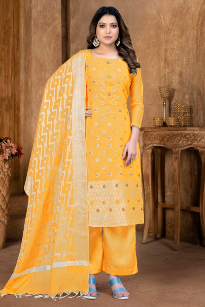 Yellow Colour Unstitched Banarasi Jacquard Palazoo Pant Suit