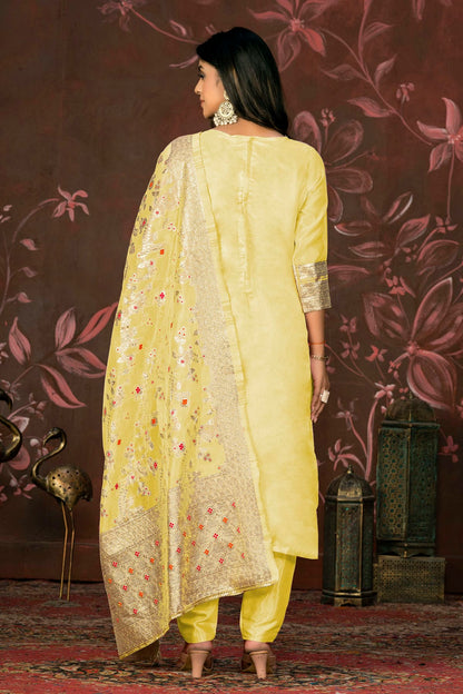 Yellow Colour Unstitched Banarasi Jacquard Straight Suit