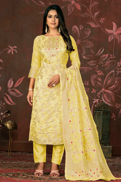 Yellow Colour Unstitched Banarasi Jacquard Straight Suit