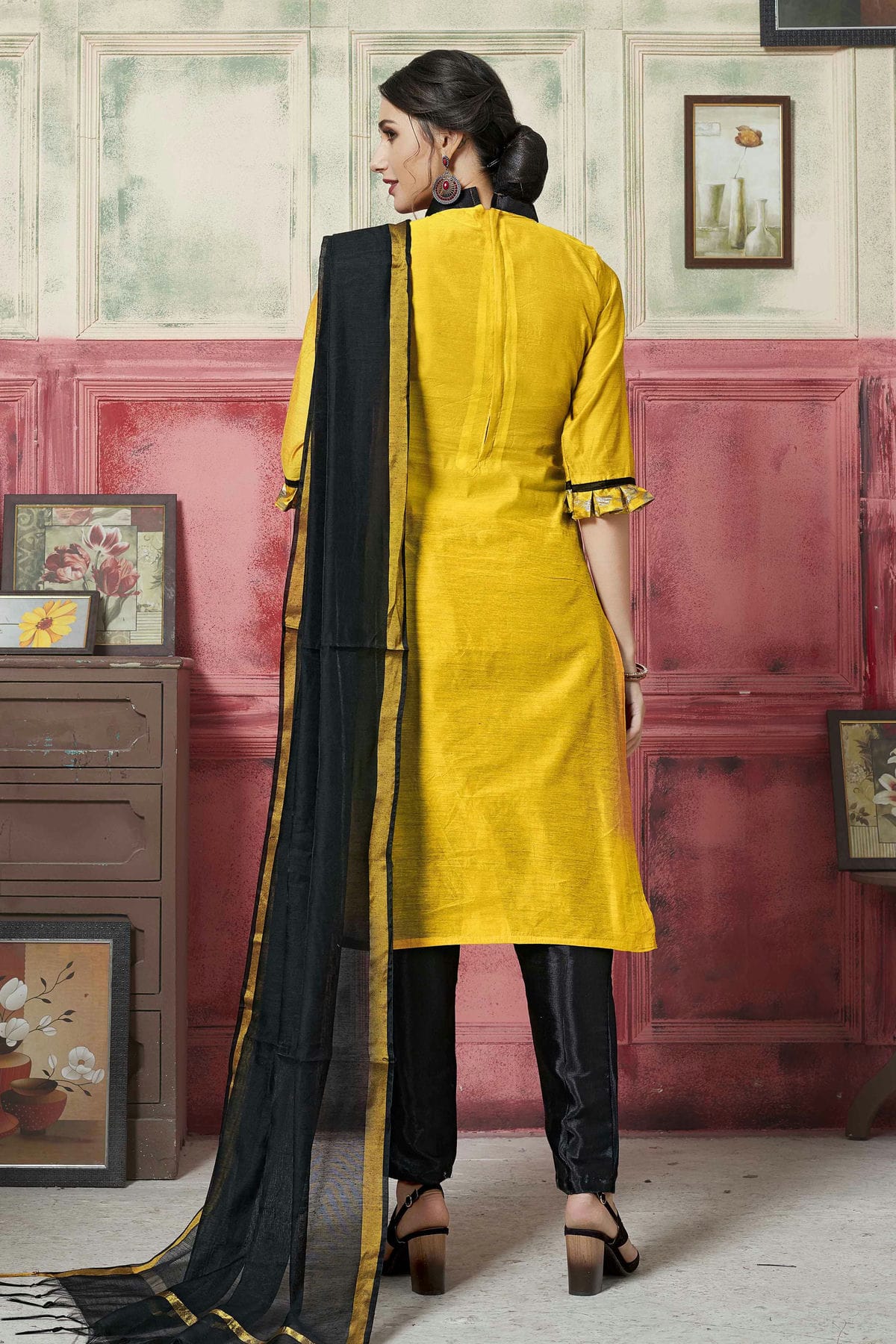 Yellow Colour Unstitched Banarasi Silk Fabric Straight Suit