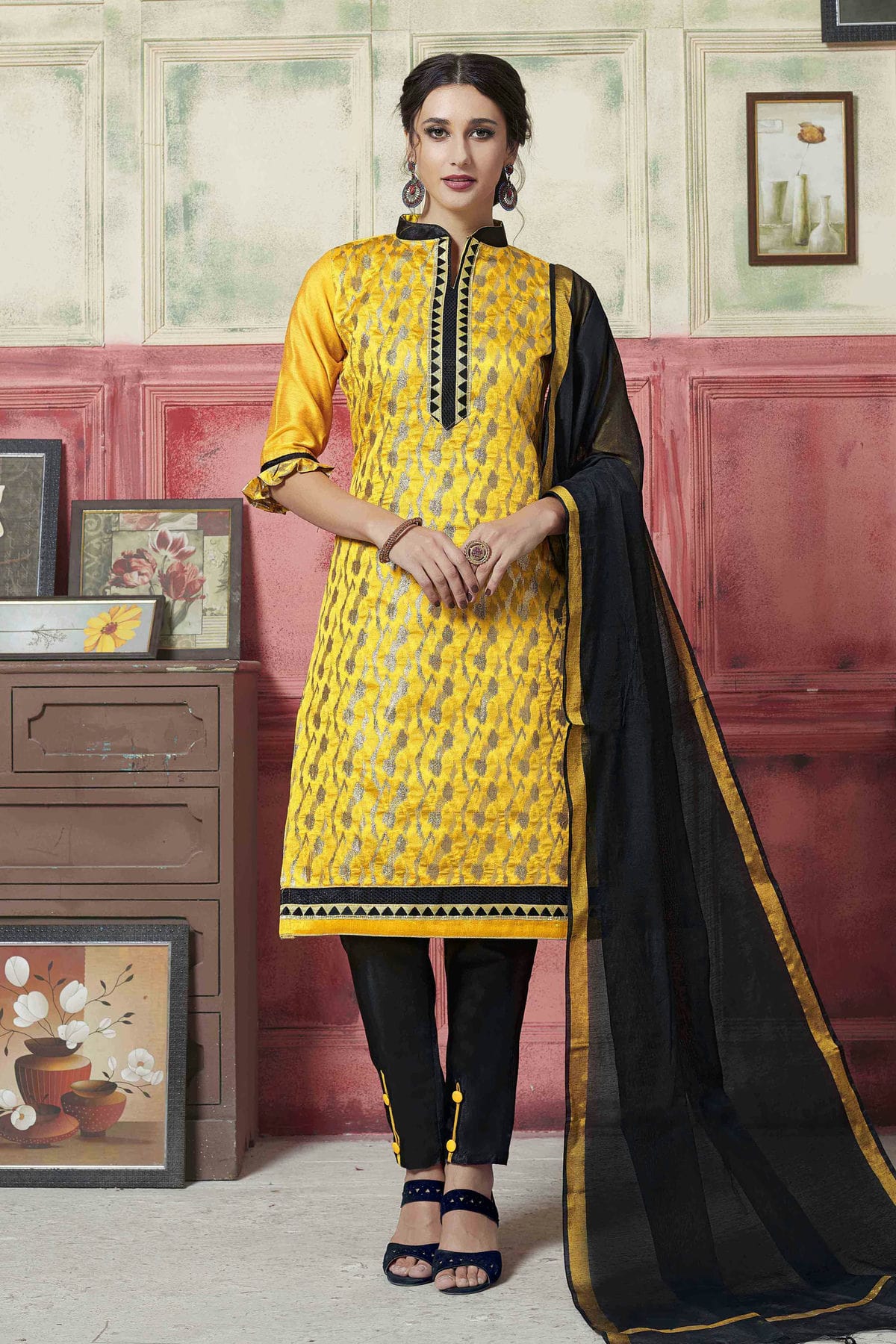 Yellow Colour Unstitched Banarasi Silk Fabric Straight Suit