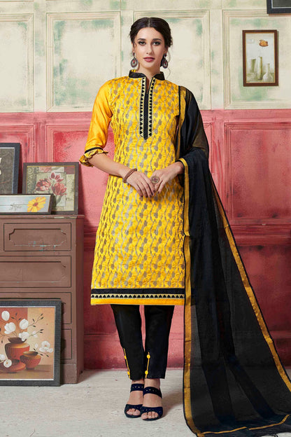 Yellow Colour Unstitched Banarasi Silk Fabric Straight Suit