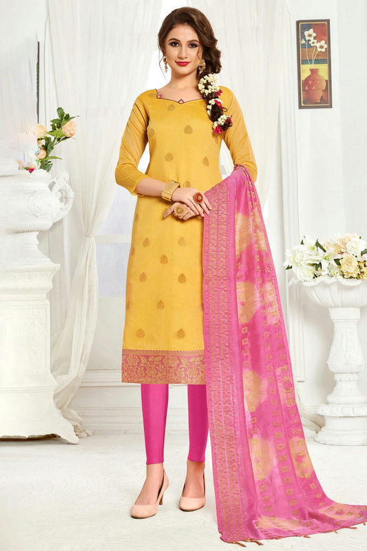 Yellow Colour Unstitched Banarasi Silk Straight Suit