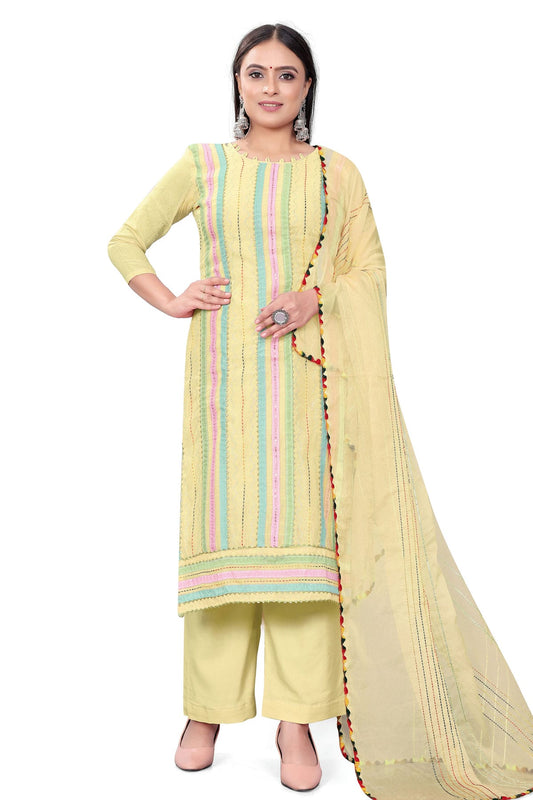 Yellow Colour Unstitched Chanderi Cotton Plazzo Pant Suit