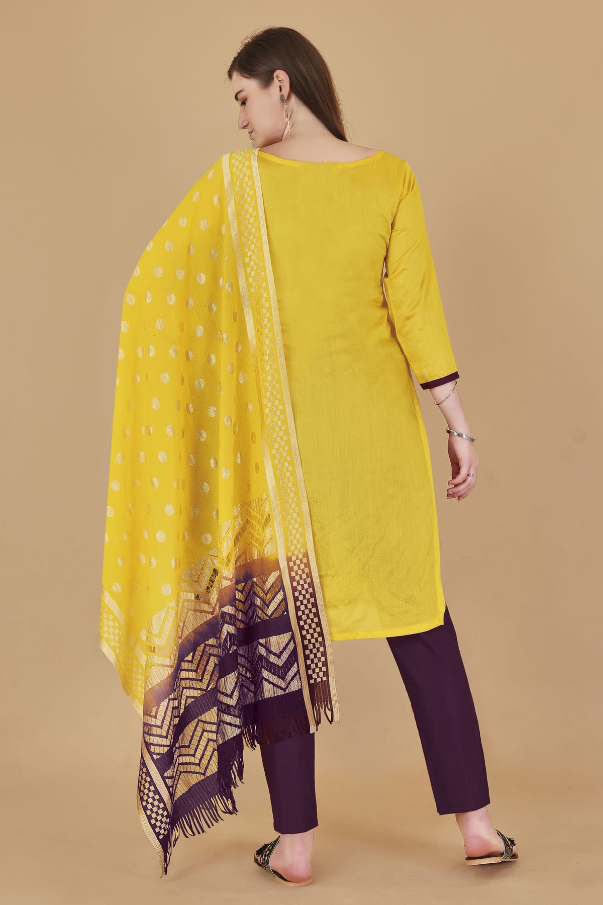 Yellow Colour Unstitched Cotton Jacquard Straight Suit