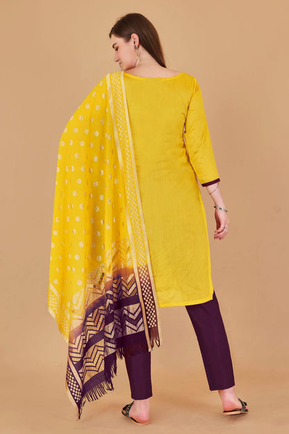 Yellow Colour Unstitched Cotton Jacquard Straight Suit